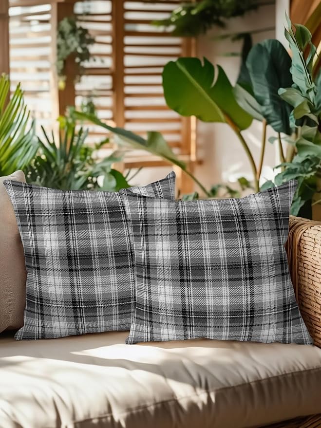 Waterproof Outdoor Pillow Set of 2 Gray Checked Plaid Decorative Throw Pillows Cover & Insert 18x18 Inch Pillowcase Stripes Woven Grid Square Pillows for Couch Sofa Bed Patio Furniture Indoor Outdoor