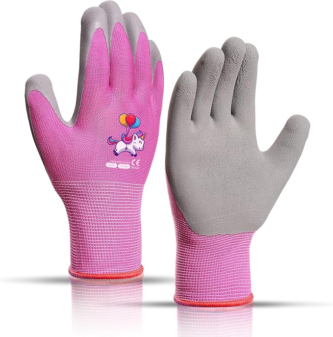 KDK Ages 3-5 Kids Gardening Gloves,Yard Work Gloves for Toddlers, Youth, Girls, Boys, Childrens, Soft Safety Rubber Gloves (XXXS Age 3-5, 1 Pair Pink Unicorn)