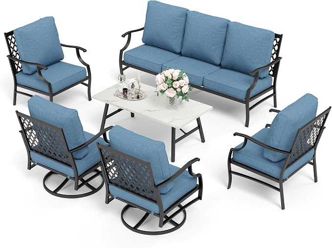 HERA'S HOUSE 6 Piece Patio Furniture Set, 2 x Swivel Chair, 2 x Fixed Chair, 1 x 3-Seat Sofa with Marbling Coffee Table, All Weather Outdoor Conversation Set for Lawn Garden Backyard, Navy Blue