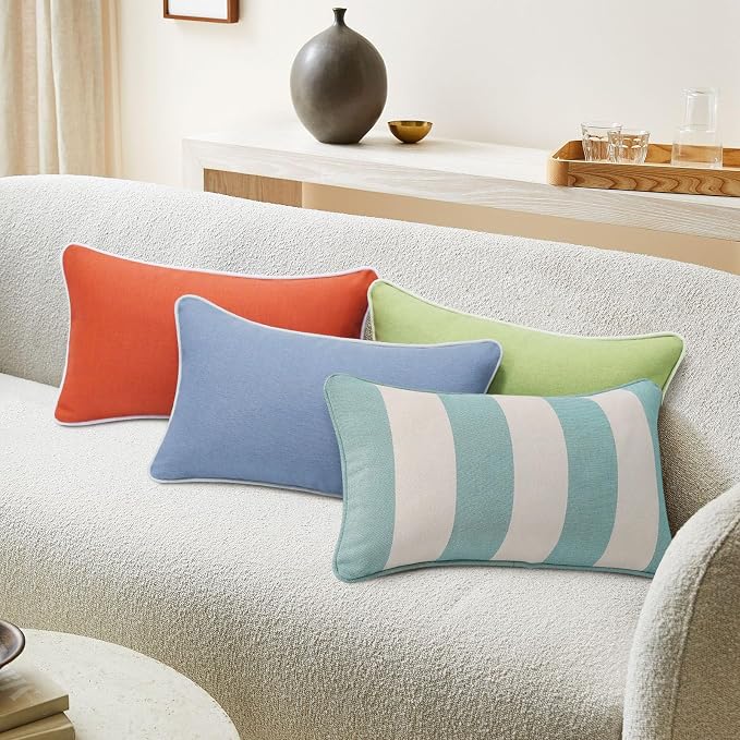 Unimatta Decorative Outdoor Water Repellent Throw Pillows with Inserts, Set of 4, 20" x12" Pillows for Patio, Backyard, Bed, Couch, and Patio Furniture, Turquoise Stripe