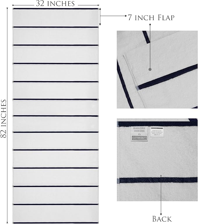 COTTON CRAFT Pool Lounge Chair Cover - 2 Pack Terry Towel Chaise Lounge Cover - Soft Cotton Absorbent Striped Towel Beach Chair Cover - Oversized 32 in W x 82 in Length x 7 in Pocket – White Blue