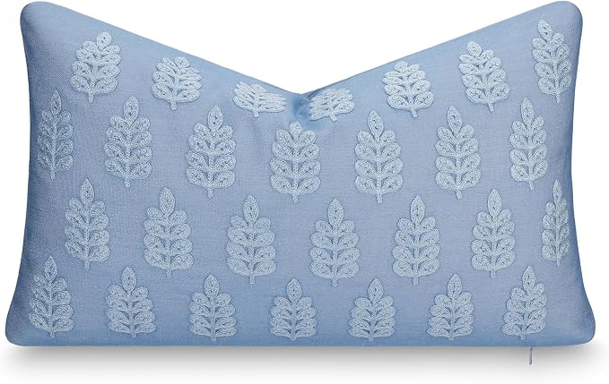 California Casual Coastal Indoor Outdoor Lumbar Pillow Cover, 12"x20" Water Repellent for Patio, Backyard, Couch, Poolside, Light Blue Embroidered Leaves