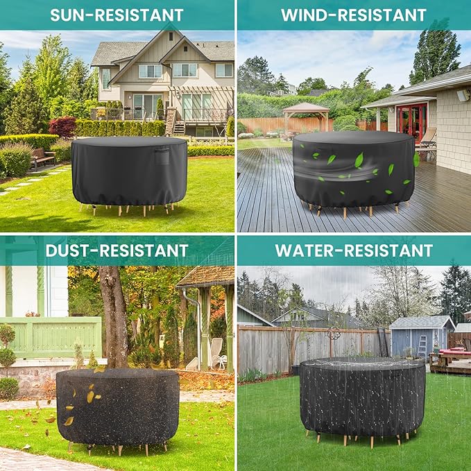 Round Patio Furniture Cover, Waterproof Outdoor Table Covers, Windproof Heavy Duty Patio Furniture Cover for Outdoor Table Chair Furniture Set, Tear Resistant, 110"DIA x 28"H, Black