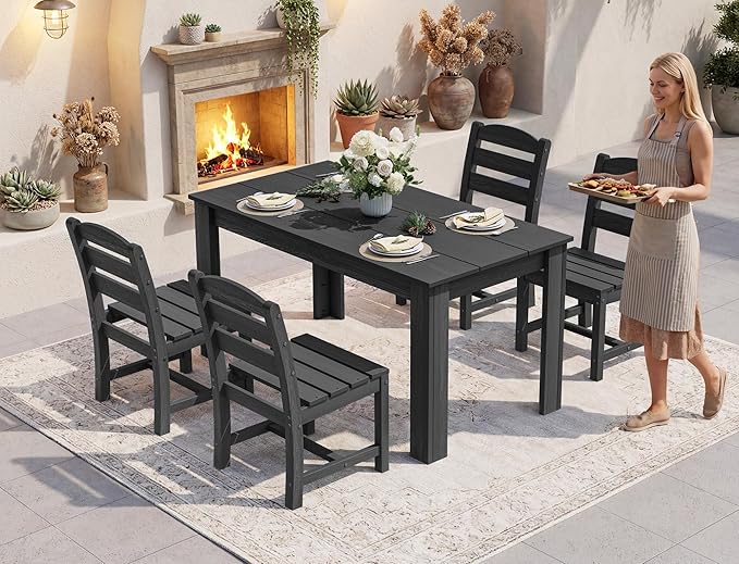 SERWALL Outdoor Dining Sets for 4, HDPE Dining Sets for 4 Person with 1 Umbrella Hole Cut-Out Rectangular Table and 4 Armless Chairs, Patio Dining Sets for Garden, Backyard, Poolside, Black