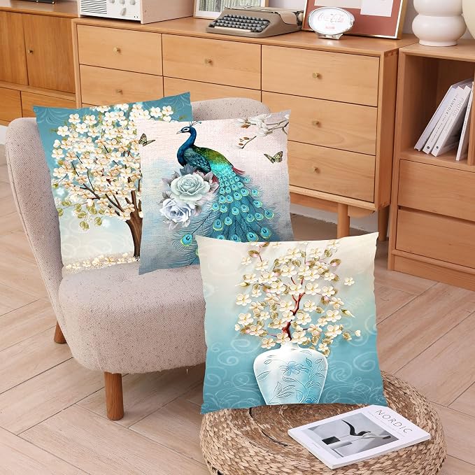 Peacock Light Blue Throw Pillows Covers 18x18 for Bed Set of 4 Geometric Sky Blue Abstract Decorative Throw Pillow Case Outdoor Square Velvet 18 x 18 inch for Living Room Couch Sofa Decor