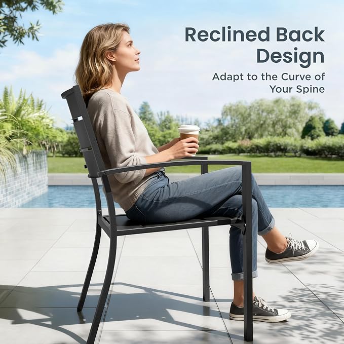PHI VILLA Patio Dining Set for 4, Stackable Chairs& Square Metal Table | 37" Black Table&Stackable Wrought Iron Chairs,Outside Furniture Set for Deck, Porch, Backyard