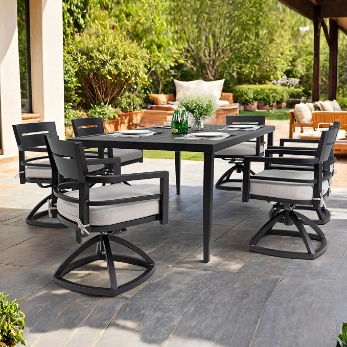 7-Piece Outdoor Patio Aluminum Furniture, 70” Rectangle Dining Table with Umbrella Hole and 6 Swivel Rockers Chairs, Modern Dining Set for Patio Backyard, Garden, Ember Black
