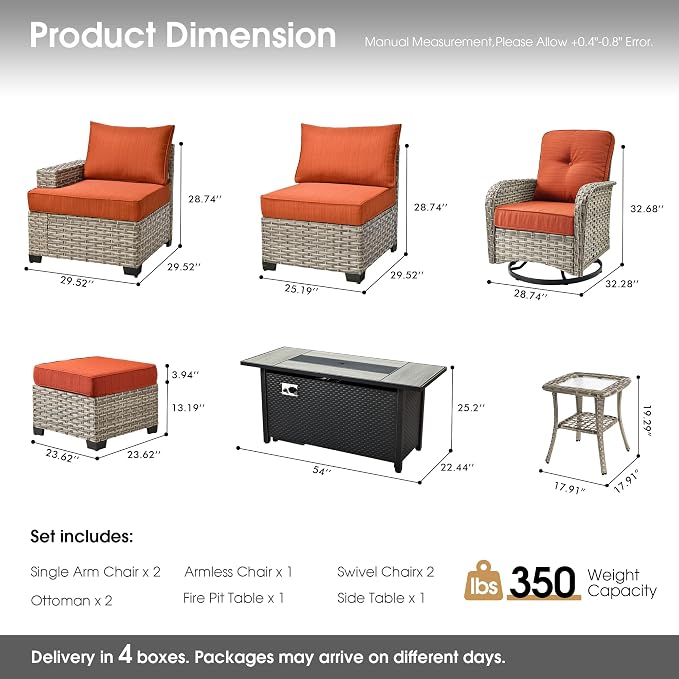 Wicker Patio Furniture Set with Fire Pit Table,9 Pieces Outdoor Sectional with Swivel Chairs Ottoman,Out Door Furniture Conversation Set,Orange Red