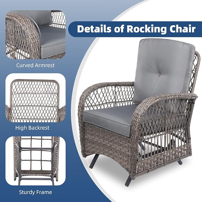 3-Piece Patio Wicker Conversation Bistro Set, All-Weather Gliding Rocking Chairs with Thickened Cushions and Glass Top Table, Outdoor Rattan Furniture Sets for Porch Garden, Gray