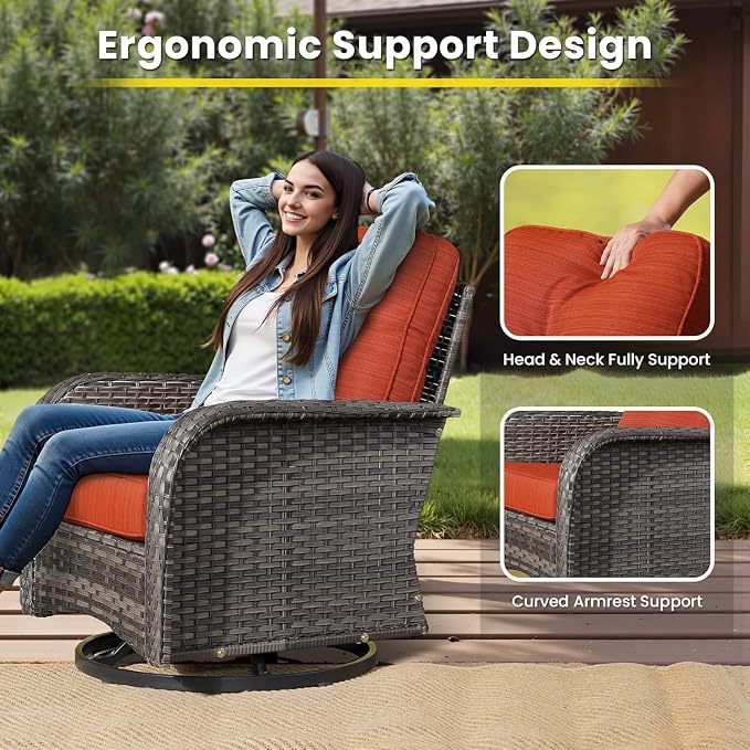 3 Pieces Patio Furniture Set, Outdoor Swivel Rocker Patio Chairs with Coffee Table, All Weather Thickened Cushion Patio Conversation Set for Porch Balcony Deck Poolside Garden Sunroom, Orange