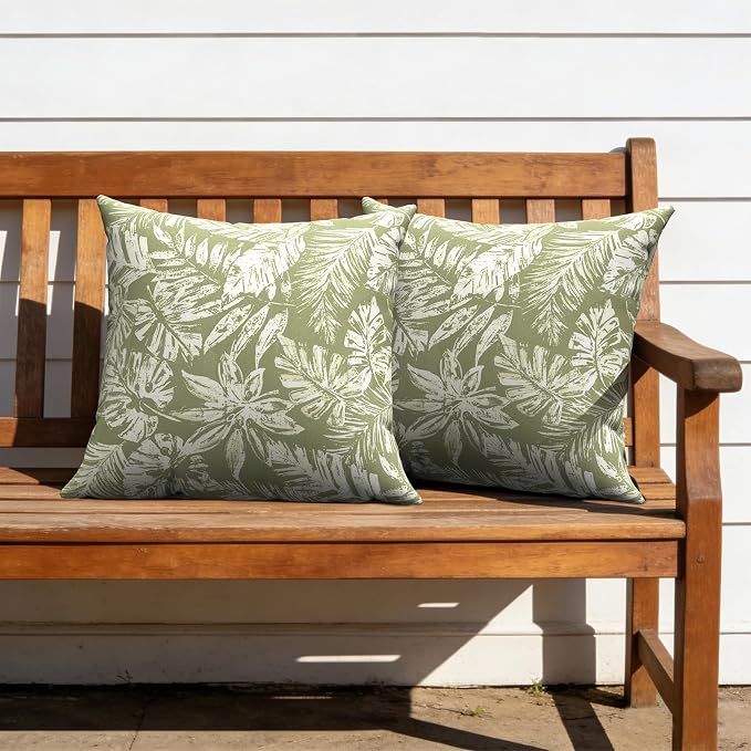 Outdoor Pillows with Insert 20x20 Inch, Waterproof Throw Pillow for Patio Furniture, Decorative Back Cushion for Garden Home Sofa Office Chair, Set of 2, Tropical Leaf Green
