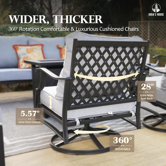 HERA'S HOUSE 4 Piece Patio Furniture Set, 2 x Swivel Cushioned Chair, 3-Seat Sofa with Marbling Coffee Table, All Weather Outdoor Conversation Set for Lawn Garden Backyard, Grey