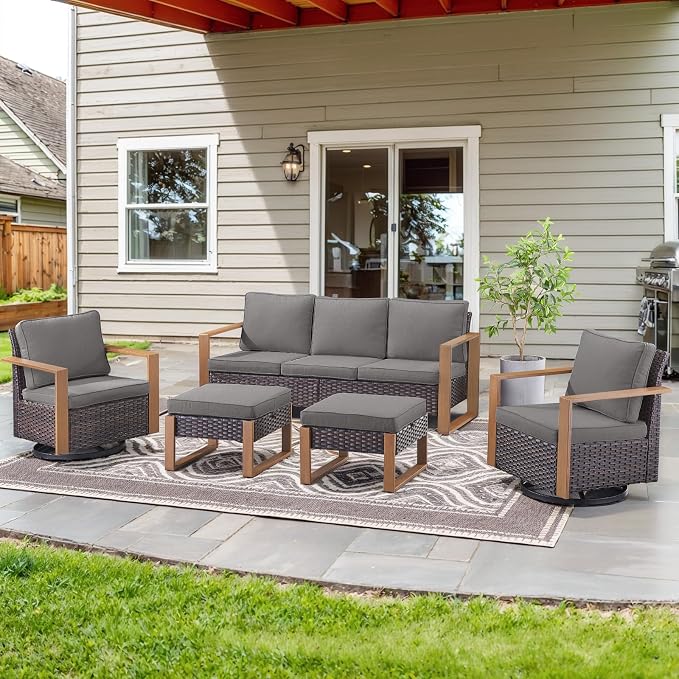 Belord 5 Piece Patio Furniture Set with Swivel Chairs, PE Wicker Patio Sofa Set Outdoor Swivel Rocker Patio Chairs with Anti-Rust Metal Wide Armrests for Deck Backyard Sunroom