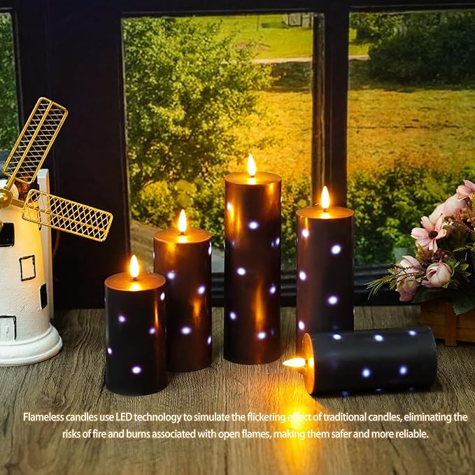 Nimiko Flickering Flameless Candles with Remote Control and Timer Set of 5 Pc Real Wax LED Pillar Candles, Battery Operated Candles（D2.2×H5/5.5"/6"/7"/8"） Halloween Decorations Home Decor （Black）