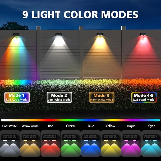 APONUO Solar Fence Lights Outdoor Waterproof, Fence Lights Solar Powered, 9 RGB Color Modes&Warm White&Cool White, Fence Solar Light Outdoor for Backyard, Patio, Wall, Yard,Deck（Black, 6 Pack）