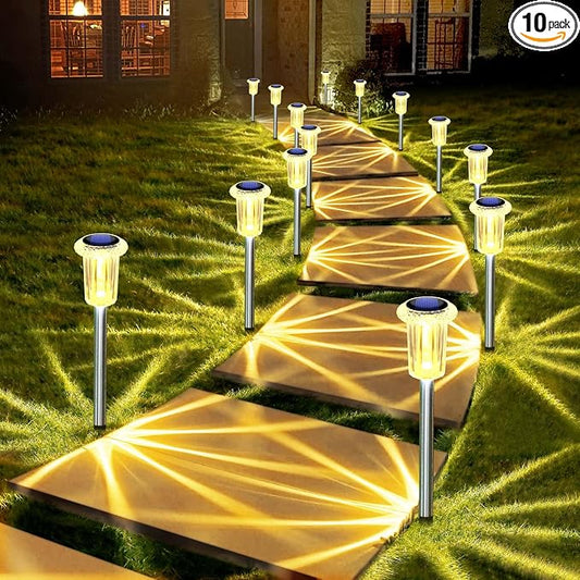 DenicMic 10 Pack Solar Pathway Lights Outdoor Waterproof Warm White LED | Stainless Steel Stake Lights for Yard Garden Decor for Outside Patio Lawn Auto On/Off 3000K Crystal-like Acrylic Lampshade
