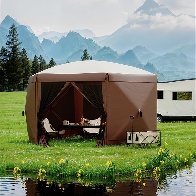GarveeLife 13x13FT 6-Sided Pop Up Canopy Tent，One-Push Setup Canopy Tent with Removable Canopy Top & Wind Cloths, Outdoor shelter for Camping, Backyard Parties, Outdoor Events - Beige & Khaki