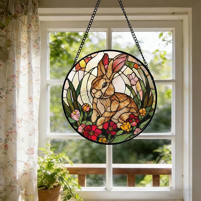 Stained Glass Window Hanging, Cute Bunny Flowers Sun Catcher for Window Door Home Decor, Rabbit Suncatcher Christmas Mother's Day Birthday Gifts for Women Men Mom and Nana 9.8 in