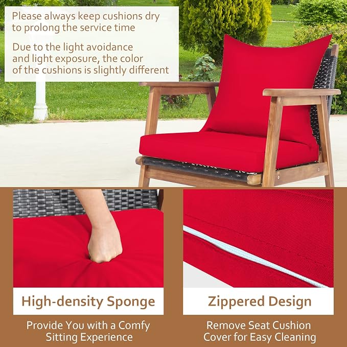 Tangkula 4-Piece Patio Furniture Set, Outdoor Acacia Wood Conversation Set with Cushions and Coffee Table, Outdoor PE Wicker Sectional Sofa Set for Garden, Poolside and Backyard (1, Red)