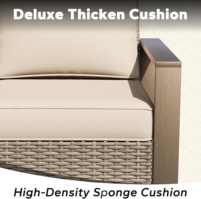 6 Pieces Metal Wicker Patio Furniture Set - 75" Sofa, Two Swivel Chairs and Two Ottomans, One Coffee Table All Weather Rattan Outdoor Conversation Furniture with Washable Cushion for Deck, Beige