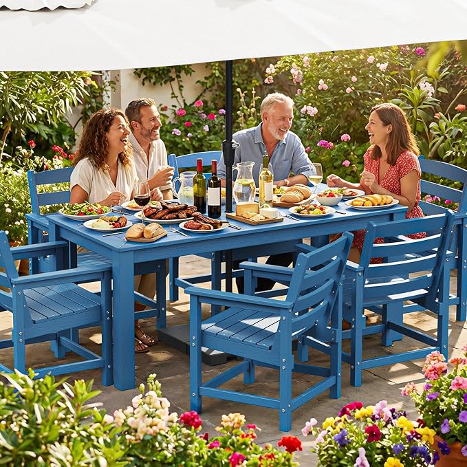 Outdoor HDPE Dining Table Set 7-Piece, All-Weather Outdoor Table and Chairs with Umbrella Hole Cut-Out, Patio Furniture for Garden, Backyard, Deck (Blue)