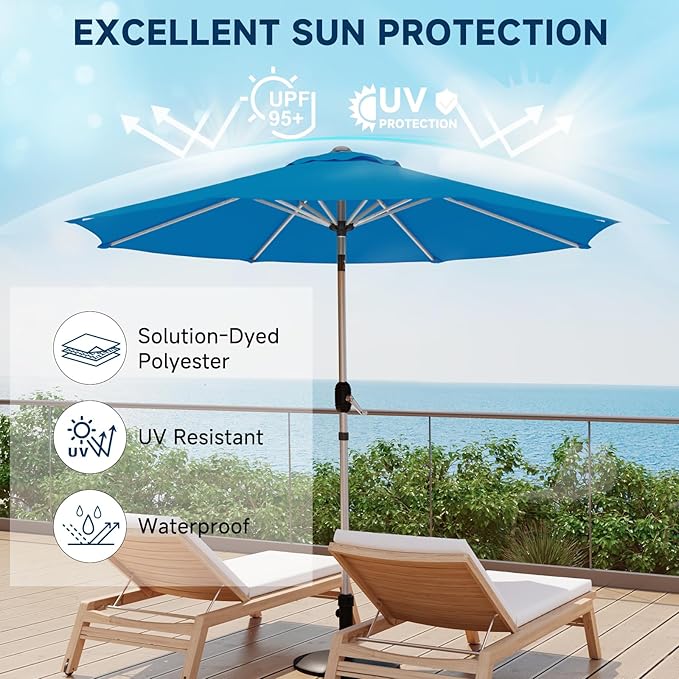 9FT Aluminum Outdoor Patio Umbrella, Fade-Resistant Market Umbrella with Push Button Tilt Function, 8 Sturdy All-Aluminum Ribs for Gardens, Patios, Backyards & Pools