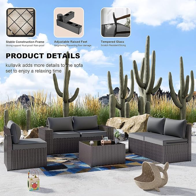 Kullavik Outdoor Patio Furniture Set,12 Pieces Sectional Rattan Sofa Set Brown PE Rattan Wicker Patio Conversation Set with 10 Seat Cushions and 2 Tempered Glass Coffee Table,Grey