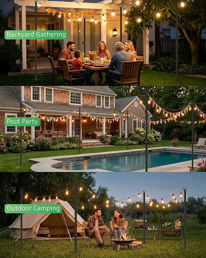 LAND·VOI Outdoor String Light Poles 1 Pack, Heavy Duty String Light Poles for Outside with 5-Prong Base & Adjustable Height, Perfect for Backyard, Patio, Garden, Fence and Party Decor