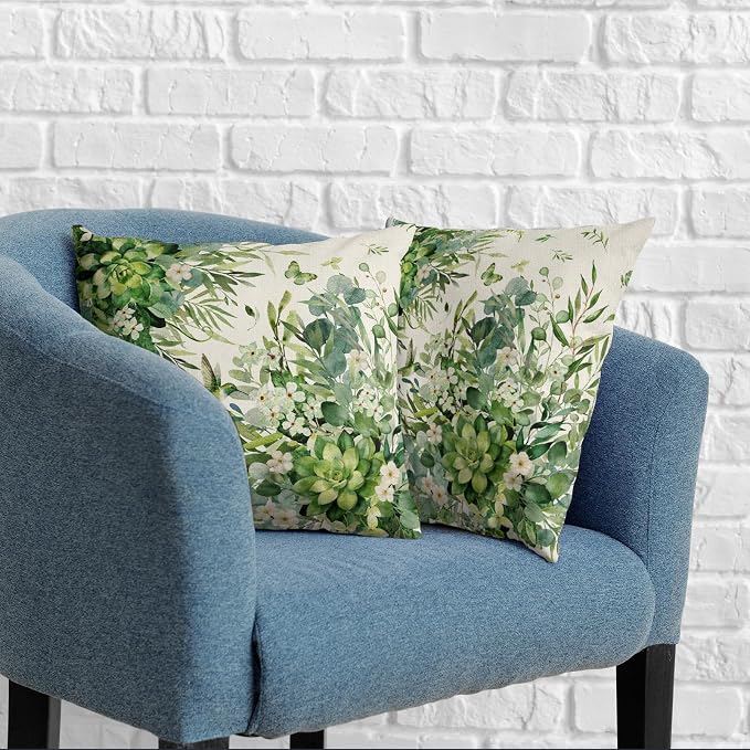 Eucalyptus Throw Pillow Covers Spring Sage Green Leaf Pillow Covers 16x16 Set of 2 Watercolor Leaves Outdoor Pillowcases Greenery White Floral Cushion Cases for Home Home Couch