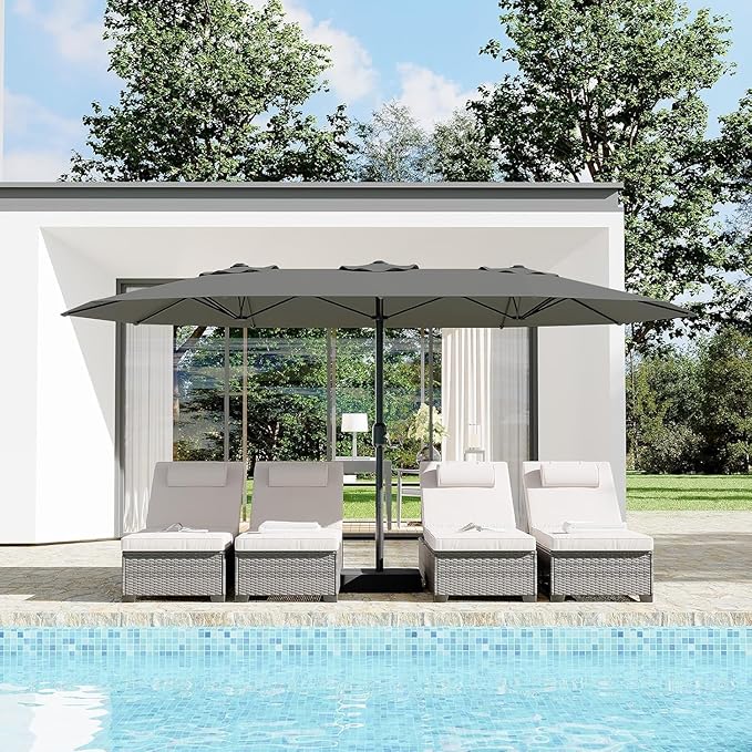 15FT Extra Large Double-Sided Patio Umbrella with Solar LED Lights – Heavy-Duty Rectangular Outdoor Market Umbrella, Fade-Resistant UV Canopy, Included Base for Backyard, Pool, Deck, Garden – Beige/Mist Blue