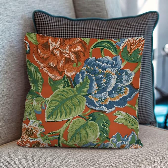 Blue Floral Chinoiserie on Orange Throw Pillow Covers Peony Chic Asian Throw Pillow Cover Abstract Throw Pillow Covers Farmhouse Decorative for Patio Garden Couch Tent 26x26 in
