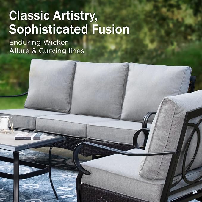 PHI VILLA Patio Furniture Set, Upgraded Wicker & Metal Outdoor Conversation Sets with 5.5" Thick Cushions and Coffee Table for Porch, Poolside, Yard (4 Pieces, Grey Cushion)