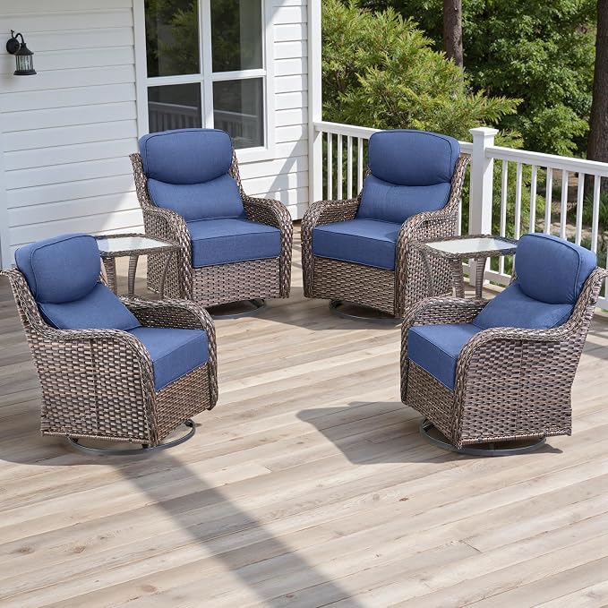 Rilyson Outdoor Patio Furniture Set - Weather Resistant Wicker,High Back,6 inch Cushions,6 Piece Patio Furniture Set with Swivel Rocker Chairs and Side Table for Deck Porch Yard,Brown/Blue