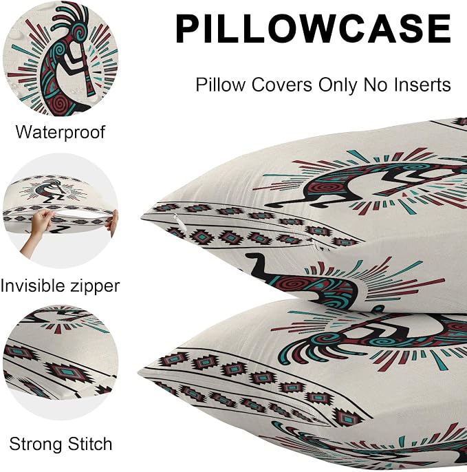 Boho Southwest Waterproof Outdoor Throw Pillow Covers 16''x16'' Pack 2, Aztec Ethnic Native Human Ethnic Plaid Pillow Cases Throw Cushion Cover with Zipper, Washable Pillowcase for Poolside Sofa