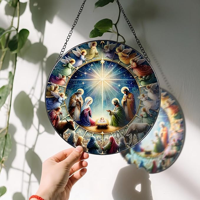 Stained Glass Window Hanging, LAOWEIKI 8'' Nativity Scene Suncatcher, Stained Glass Ornament, Window Decor, Outdoor or Indoor, Christian Gifts, Religious Gifts for Women