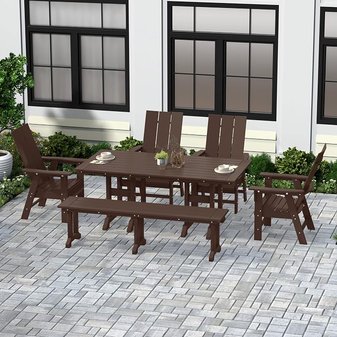 WestinTrends Ashore 6 Pieces Adirondack Patio Dining Set with Bench, All Weather Poly Lumber Slatted Outdoor Furniture Set, 71" Trestle Table and 4 Adirondack Chair and Outdoor Bench, Dark Brown