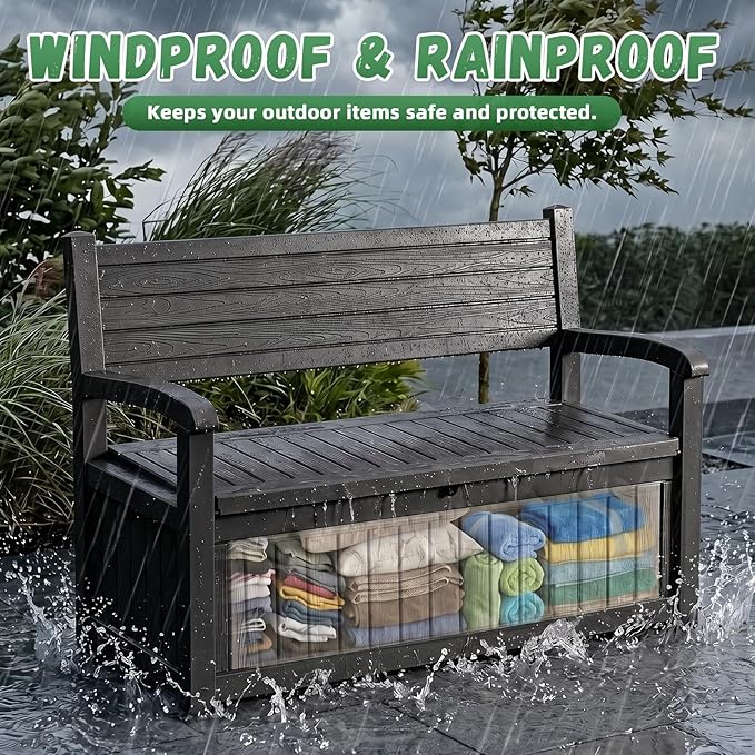 80 Gallon Outdoor Storage Bench Deck Box Waterproof Resin Lockable UV Resistant Benches Furniture Outside Porch Patio Pool Garden Tool Cushion Black