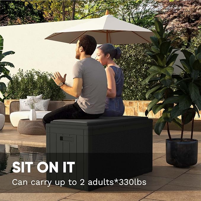 Patiowell 100 Gallon Resin Deck Box with cushion, Waterproof Large Outdoor Storage Box for Patio Furniture and Garden Tools, Black