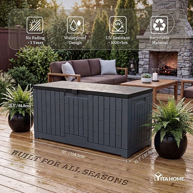 YITAHOME 120 Gallon Outdoor Storage Deck Box, Large Resin Patio Storage Box with Slide-Locking Lid, 53" L 2-Person Bench Seat for Outdoor Pillows, Garden Tools & Pool-Supplies, Waterproof (Dark Gray)