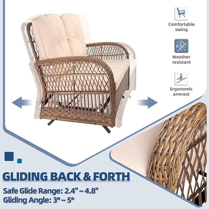 5-Piece Wicker Patio Furniture Sets Outdoor All-Weather Rattan Conversation Set Includes Glider Loveseat, 2 Glass-Top Coffee Tables, 2 Rocking Chairs for Porch Backyard, Light Brown