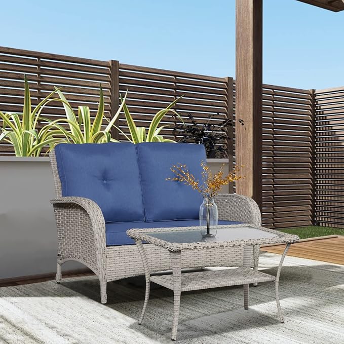 Belord Outdoor Wicker Loveseat with Coffee Table, Patio Loveseat Sofa 2 Piece Outdoor Wicker Furniture Set for Patio Porch Deck Balcony Light Beige/Blue