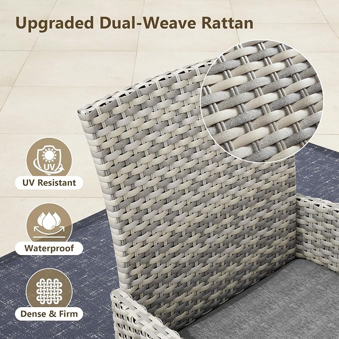 Outdoor Dining Set, 15-Piece Patio Furniture Set with Tempered Glass Table and 12 Cushioned Chairs, Dual-Strand Wicker Rattan, Balcony Furniture for Backyard, Garden, Deck,– Gray