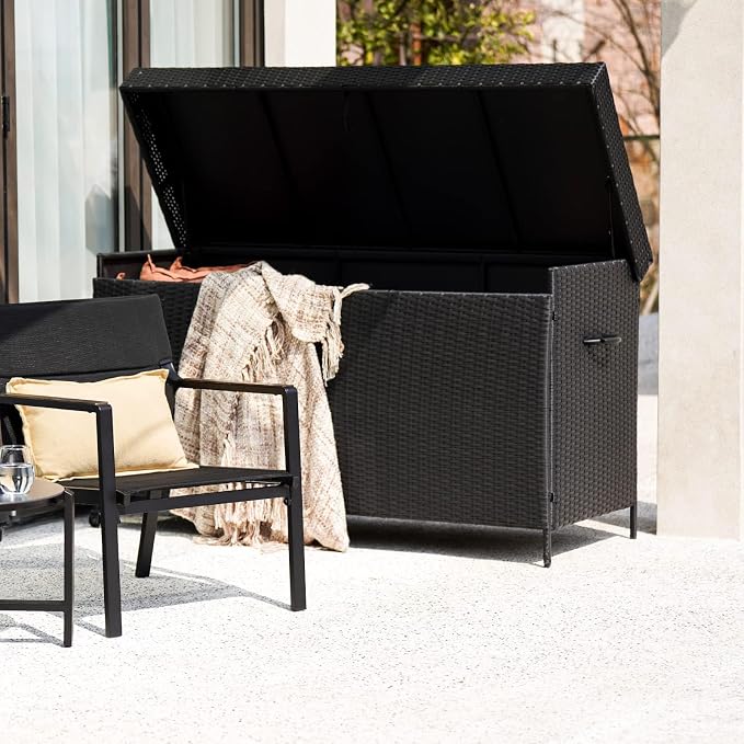 Grand 170 Gallon Deck Storage Bin - Outdoor/Indoor Wicker Storage for Patio Furniture Cushions, Garden Tools, Pool Accessories - Black