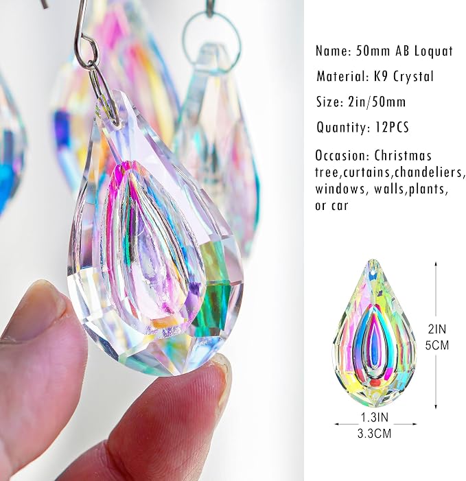 12pcs Suncatcher Crystal 50mm AB Loquat Shape Chandelier Parts Drops Prisms | Rainbow Maker,Hanging Crystal Sun Catchers,Colorful Glass Ornaments For Christmas Tree,Glass Beads For Suncatcher