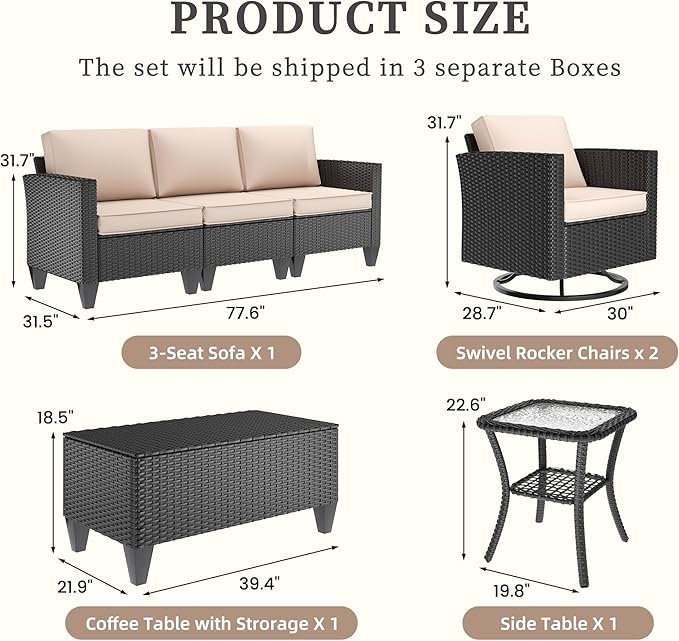 UDPATIO Patio Furniture Set, 5 Pieces Outdoor Conversation Sets with Rocking Swivel Chairs, Wicker Rattan Outdoor Sofa Set with Storage Table and Waterproof Covers for Backyard, Deck, Porch, Khaki