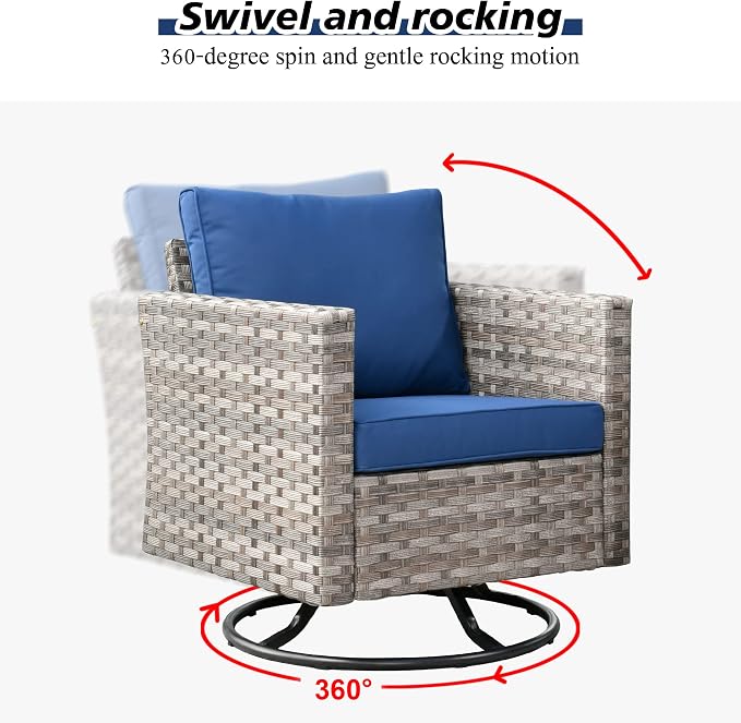 HOOOWOOO Outdoor Patio Sectional Furniture Sofa Set with Swivel Rocking Chair,8 Piece Modern Wicker Couch with Widened Armrest,Modular Conversation Seating Set for Garden(Navy Blue)