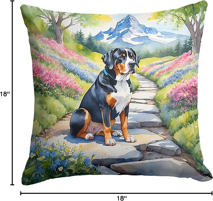Caroline's Treasures Greater Swiss Mountain Dog Spring Path Throw Pillow Machine Washable, Indoor Outdoor Decorative Pillow for Couch, Bed or Patio, 18Hx18W