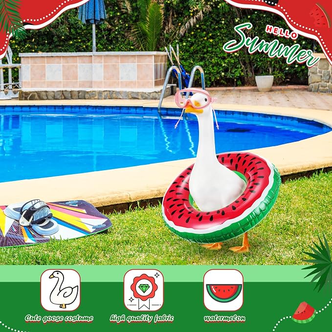 Aliceset 2 Pcs Summer Porch Goose Outfits Hawaiian Pool Goose Cloth Costume Swimsuit with Swim Ring Sunglasses, Fits 23'' Lawn Statue for Patio Yard Garden Outdoor Decor(Watermelon Style)