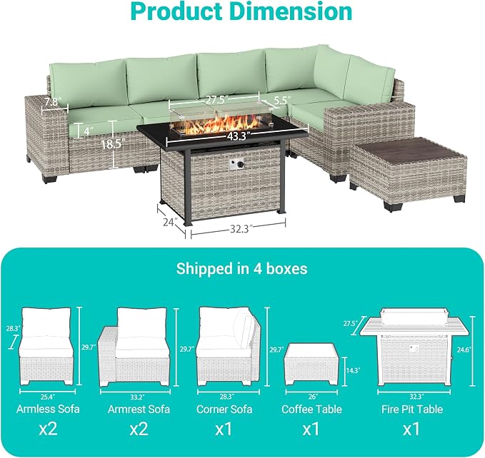 7-Piece Outdoor Patio Furniture Set with 55,000 BTU Fire Pit Table, PE Wicker Rattan Sectional Sofa Patio Conversation Set with Thickened Cushions & Coffee Table, Light Green