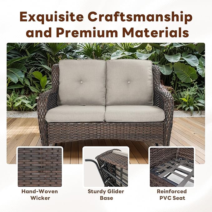 Belord Patio Furniture Set with Fire Pit Table,8 Piece Wicker Outdoor Furniture Set, Swivel Rocker Chairs with Ottomans and Loveseat, All Weather Patio Conversation Set, Pool,Yard, Brown Wicker/Gray